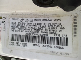 2007 TOYOTA COROLLA S WHITE 4DR 1.8L MT Z15989